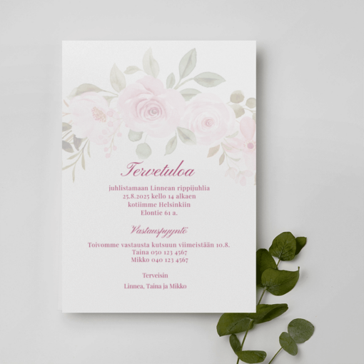 Vaaleanpunasävyinen rippijuhlakutsu, jossa kukkakuvio yläreunassa ja kutsuteksti keskellä.