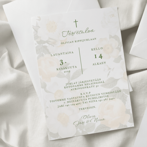Vaalea rippijuhlakutsu vihertävällä tekstillä, kukkakuvioita taustalla ja tyylitelty risti yläosassa.