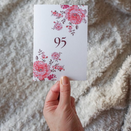 Tunnelmallinen syntymäpäiväkortti kukkakuvioilla, lämpimässä ja kodikkaassa ympäristössä.