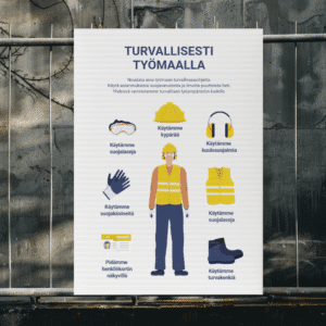 Työturvallisuuskyltti rakennustyömaalle, jossa esitetään pakolliset suojavarusteet.