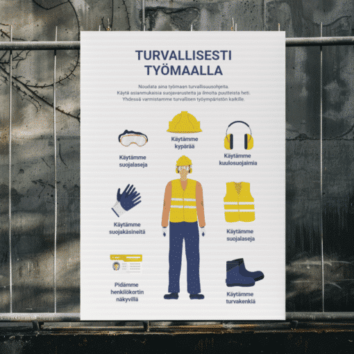 Työturvallisuuskyltti rakennustyömaalle, jossa esitetään pakolliset suojavarusteet.