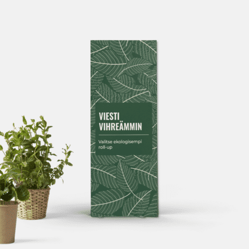 Ekologinen roll-up-kuvavuota, valmistettu kierrätyspaperista ja koristeltu vihreällä lehtikuvioinnilla. Ympäristöystävällinen valinta messuille ja tapahtumiin.