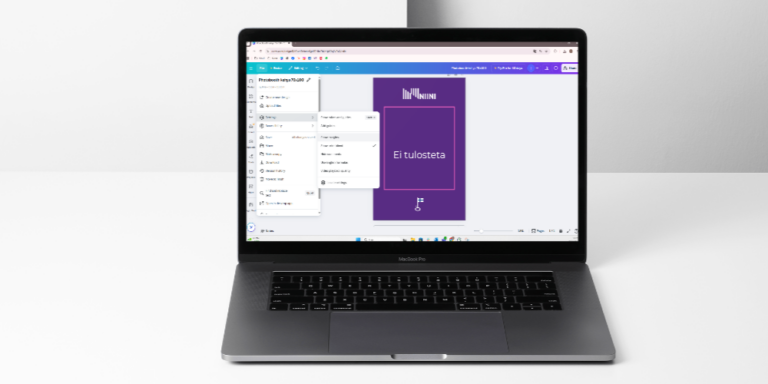 Kannettava tietokone, jonka näytöllä on Canva-sovellus avoinna ja käynnissä esityksen muokkaus.
