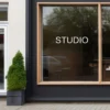 Valkoiset kirjaintarrat muodostavat sanan STUDIO liikehuoneiston ikkunassa.