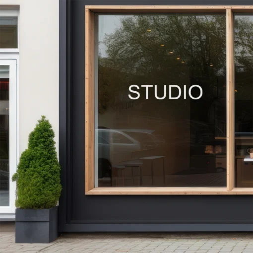 Valkoiset kirjaintarrat muodostavat sanan STUDIO liikehuoneiston ikkunassa.