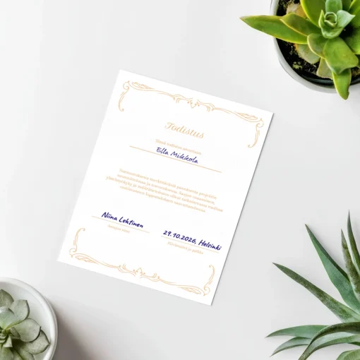 Koristeellisella kehyksellä varustettu todistus- tai diplomi valkoisella taustalla.