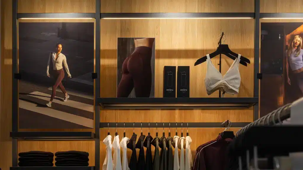 ICIW-myymälän sisätila, jossa seinäkuvat ja urheiluvaatteet esillä puisessa ja modernissa ympäristössä.