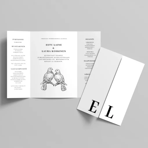 Kolmiosaiseksi taitettu minimalistinen hääkutsu mustavalkoisella designilla ja lintuillustratiolla